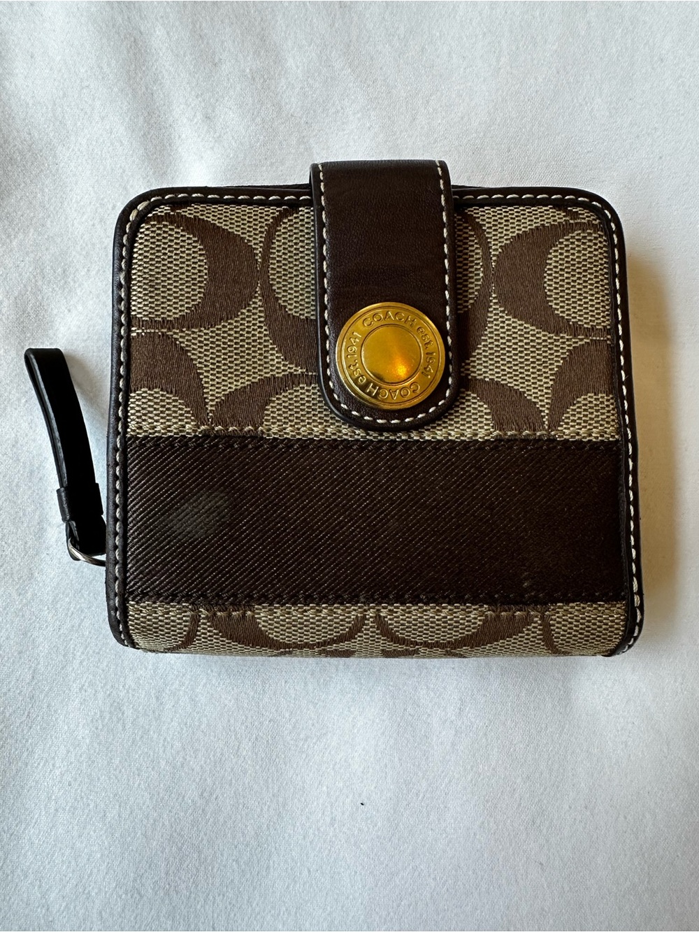 Coach Signature Stripe Brown Tan Bifold Wallet